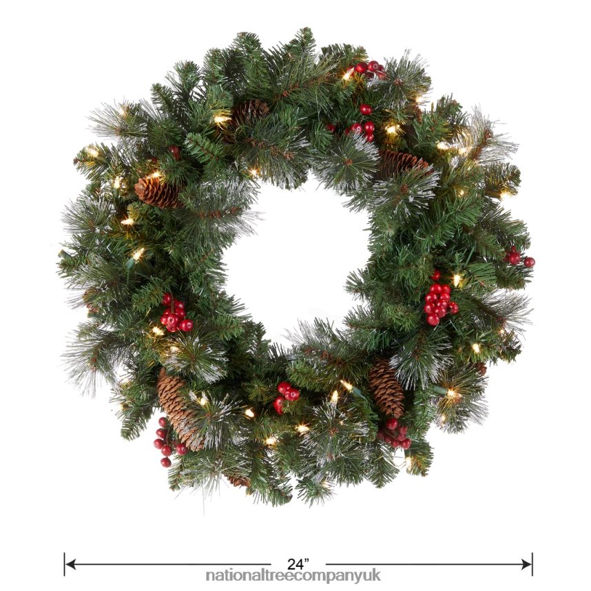 Greenery | National Tree Company Pre-Lit Artificial Christmas Wreath Green Crestwood Spruce White Lights Plug-In Decorated with Pine Cones Berry Clusters Christmas Collection 24 Inches F2L4F22